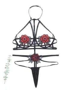 Rose Strappy Bra & Thong Sexy Lingerie Set Size 4XL & 2XL
