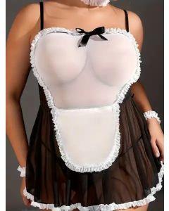 Lace Trim Mesh Maid Costume Slips With Thong 2pcs Set 4XL