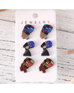 3 Pairs Set Of Retro African Queen Head Design Stud Earrings