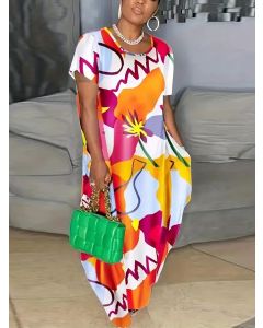 Plus Size Casual Dress, Women's Plus  Print Stretch Maxi Dress