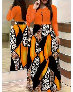  Print Long Sleeve Round Neck Maxi Dress 2x