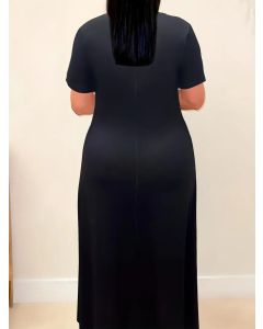 Print Short Sleeve Round Neck Medium Stretch Maxi Dress