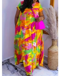 Painting Print Short Sleeve Round Neck Maxi Dress size 22