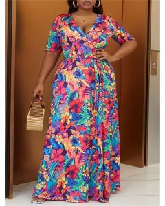 Plus Size 22 Colorful Floral Print Maxi Dress, Elegant