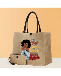 2pcs Elegant Lady Tote Bag Set, Fashion Burlap Shoulder Bag